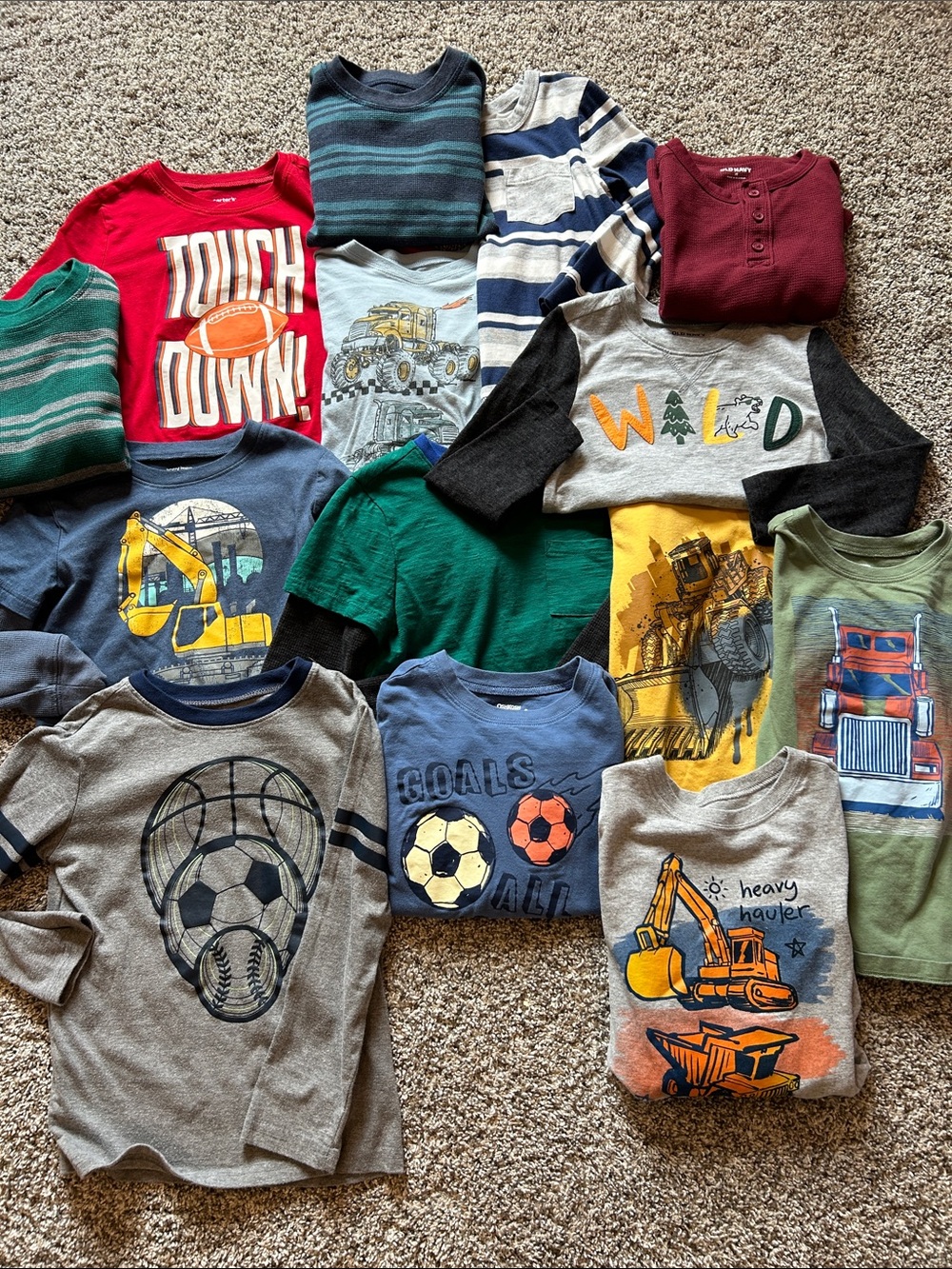 14 Boys Long-Sleeve Tee Lot 5T- Red, Green, Blue, Gray, Yellow, Maroon
